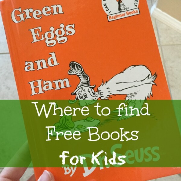 A hand holds a copy of the book "Green Eggs and Ham" by Dr. Seuss. Text overlaid on the image reads, "Where to find Free Books for Kids." The book boasts an orange cover with an illustration of a character holding a plate of green eggs and ham—discover free books for kids today!