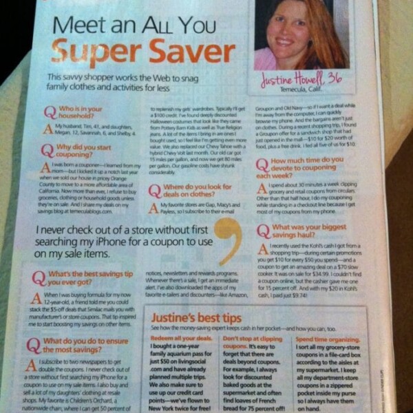 A magazine page features an article titled "Meet an All You Super Saver" with a photo of a smiling woman named Justine Howell from Temecula, CA. The article includes a Q&A where this savvy qponer shares tips on her savings strategies, experiences with using coupons, and more in All You magazine.