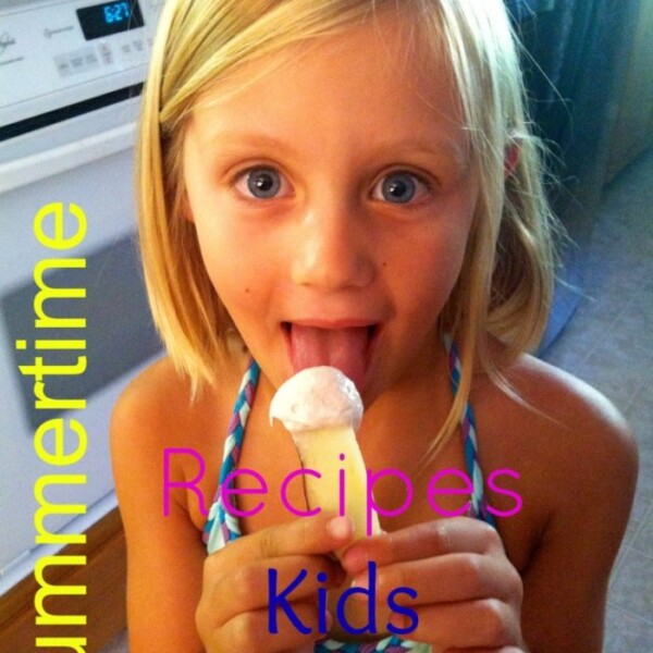 A young girl with blonde hair and blue eyes is indoors, licking a scoop of ice cream. She is wearing a swimsuit, and the background shows a kitchen. The words "Summertime," "Recipes," "Kids," and "LOVE" are overlaid in bold, colorful text—perfectly capturing the joy of easy summertime snacks.