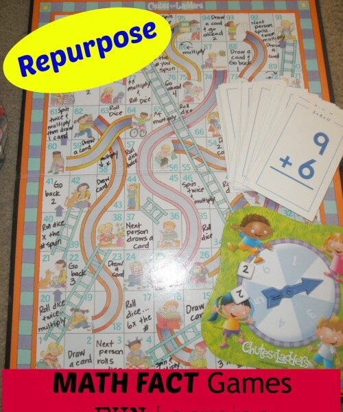 A board game titled "Chutes and Ladders" with an overlay of flashcards, including one showing "9 + 6". There is a colorful sign saying "Repurpose" and a red banner at the bottom with the text "MATH FACT Games = FUN Learning." Ideal for fans of math fact games.