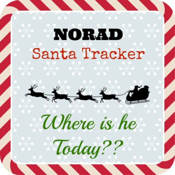 Image with a border of red and white candy cane stripes. The background is light blue with white snowflakes. In the center, bold black text reads "NORAD Santa Tracker." Below it, red text states "Santa Tracker." Beneath, green text asks, "Where is he Today??" A silhouette of Santa in his sleigh pulled by reindeer is also present.