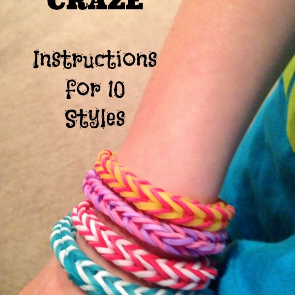 A close-up of an arm wearing several vibrant Rainbow Loom bracelets in various patterns. Text overlay reads: "Rainbow Loom CRAZE - Rainbow Loom Instructions for 10 Styles." The background appears to be a carpeted floor and part of a blue garment.