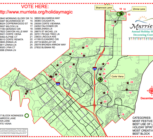 Murrieta Christmas Lights Map: Discover the locations for the Annual Holiday Home Decorating Contest, featuring a list of addresses and top nominees for best block, festive spirit, and dazzling use of lights. Explore the sparkle and cheer that light up Murrieta this holiday season!