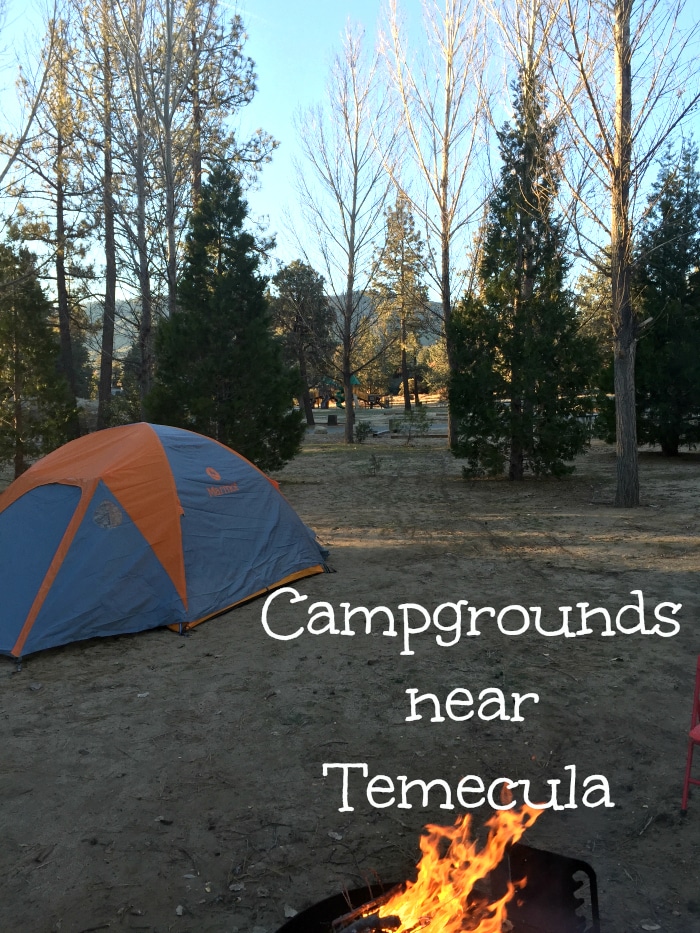 A campsite with a blue and orange tent is set up among tall trees. In the foreground, a campfire is burning in a metal fire ring. The text 