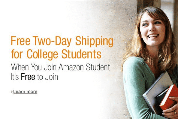 A smiling young woman with shoulder-length hair, holding books, stands next to text promoting Amazon Student. The text reads: "Free Two-Day Shipping for College Students. When You Join Amazon Student It's Free to Join. Learn more about Amazon Student.