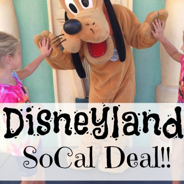 Two children dressed in colorful clothes give high-fives to a person in a Pluto costume in front of a decorative background. The text in the image reads "Disneyland SoCal Tickets Deal!