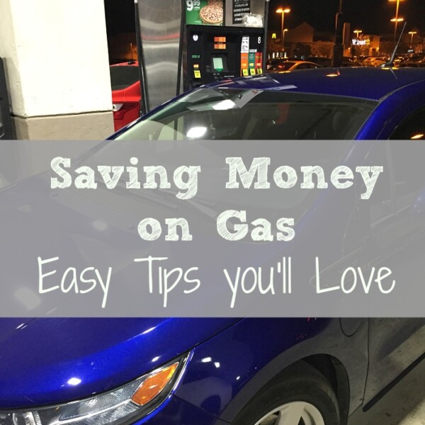 A blue car is parked at a gas station at night, with a gas pump in the background. Text overlay on the image reads, "How to Save Money on Gas: Easy Tips you'll Love." The scene is illuminated by overhead lights.