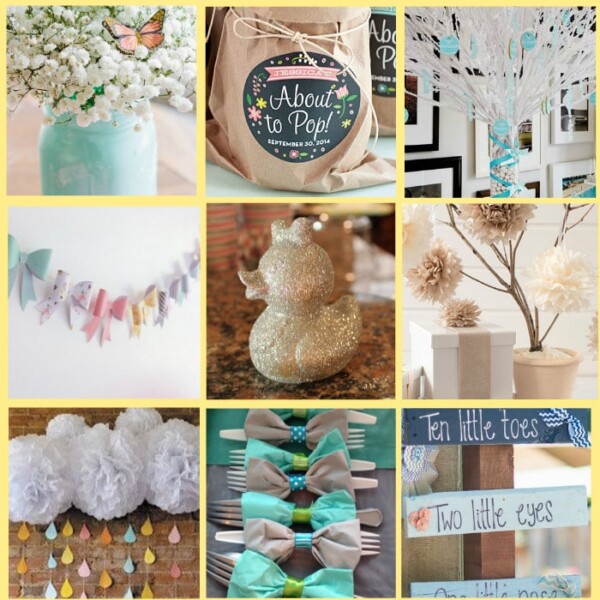 Collage of decorating ideas for a baby shower showcases a floral centerpiece, About to Pop! sign, tree branch centerpiece, pastel garland, ducky soap sculpture, pom-pom decorations, cutlery wrapped in bows, and themed signs. Title reads 20 Baby Shower Inexpensive Decor Ideas.