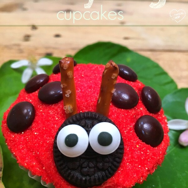 A delightful ladybug cupcake features a red sugar-coated top with chocolate spots, candy eyes, and pretzel stick antennae. Nestled on green leaves, the charming treat is topped off with the text "Ladybug Cupcakes" hovering above it.