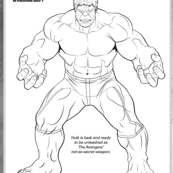 Black and white drawing of Hulk, muscular and posing aggressively, with movie branding and a caption below. Perfect for fans seeking free Marvel Avengers coloring pages to bring this iconic scene to life with their own creative flair.