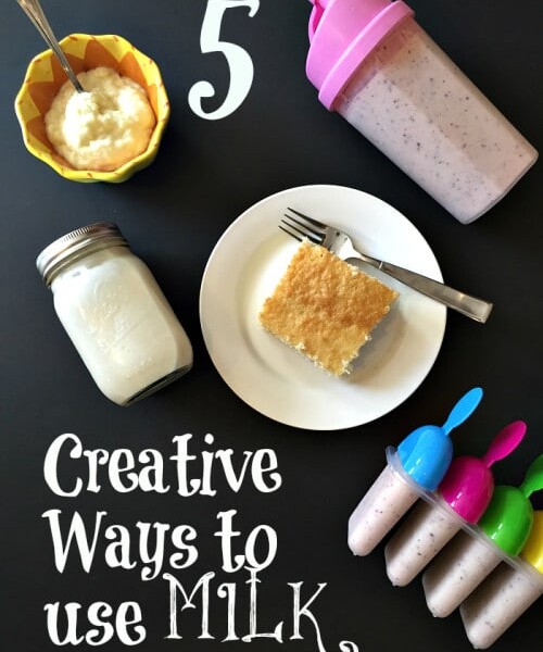 Discover 5 creative ways to use milk: creamy porridge, a refreshing smoothie, a classic jar of milk, a moist cake slice, and delightful popsicles—all elegantly displayed on a sleek black surface.