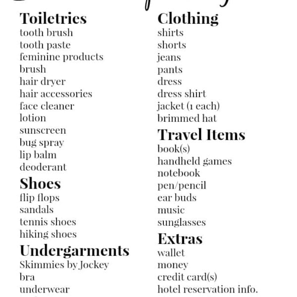 A comprehensive vacation packing list includes categories for toiletries, shoes, undergarments, clothing, travel items, and extras to ensure you have everything you need for a perfect getaway.