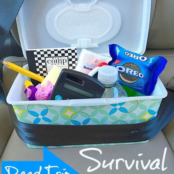 An open box labeled Road Trip Survival Kit, much like a road trip busy bag, contains a small water bottle, Oreo cookies, tissues, a pencil, a pad, and other essentials. It's safely secured on the car seat with a seatbelt for easy access during your journey.