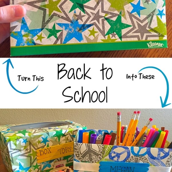 Repurposing Kleenex boxes, these decorated holders are perfect for box tops and pencils.