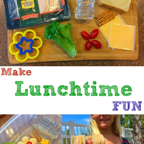 Ingredients for a sandwich include bread, cheese, lettuce, tomato, pretzels, and lunch meat. Below, a child holds a sandwich made with circular bread slices and cheese. Text reads Make Lunchtime Fun with these fun lunch ideas for kids.