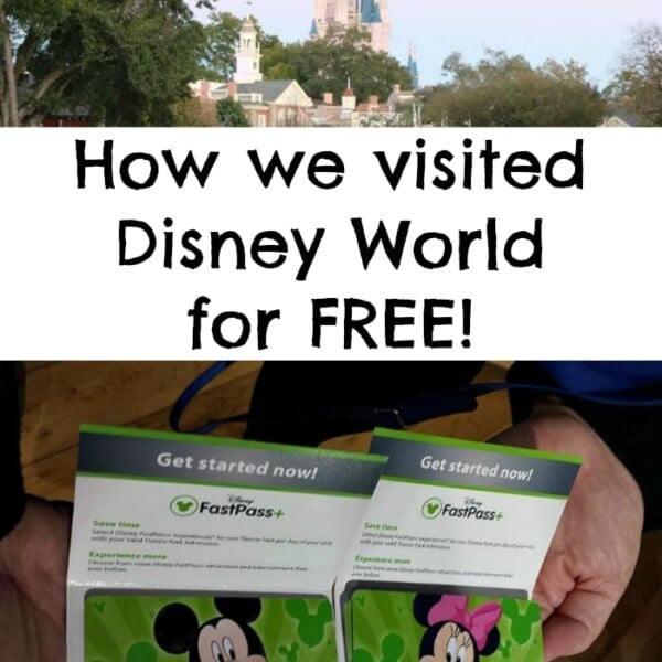 Two hands clutch Disney World FastPass+ brochures adorned with Mickey and Minnie Mouse. In the background, a majestic Disney castle stands tall. Text reads: Discover how to visit Disney World for FREE!