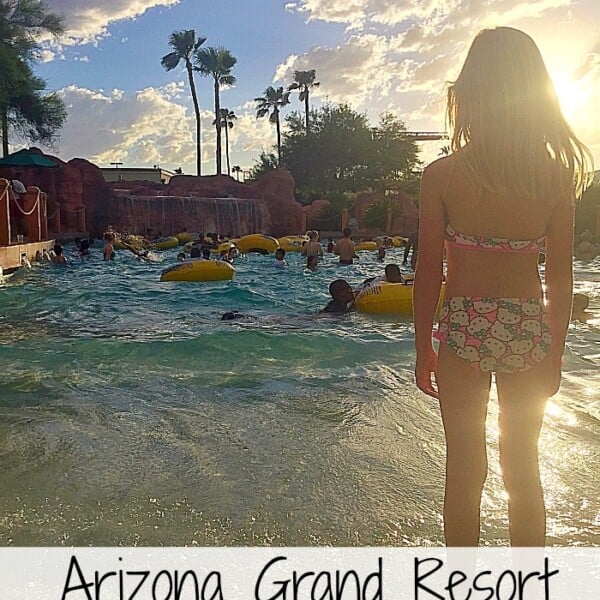 A child in swimwear stands by a crowded pool, surrounded by palm trees at sunset. The text below reads Arizona Grand Resort, highlighting the perfect family-friendly vacation spot.