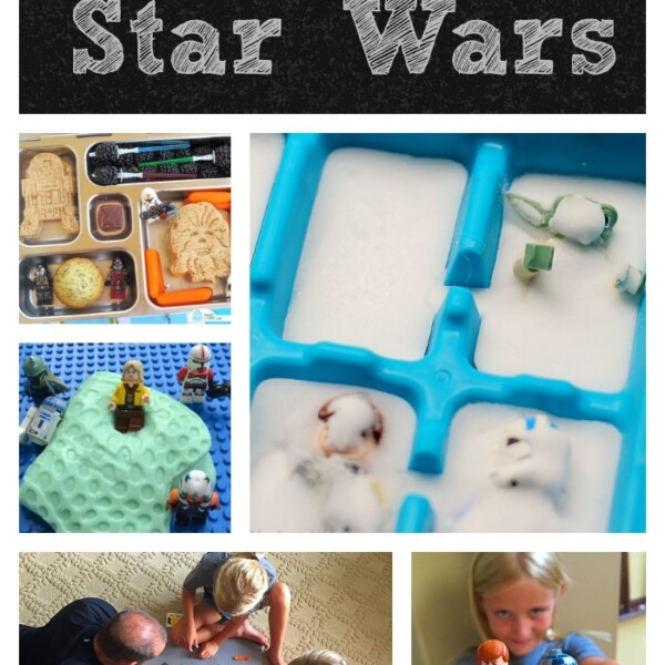 A vibrant collage of LEGO Star Wars activities for kids, featuring a themed lunchbox, ice tray, figurines on a green surface, and scenes of family fun as children eagerly assemble and display mini-figures.