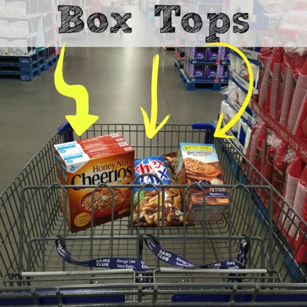 Shopping cart with Honey Nut Cheerios, Chex Mix, and Nature Valley bars. Arrows point to the boxes, clearly labeled where to find Box Tops.