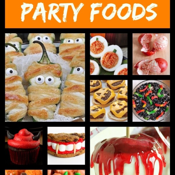 Collage of Halloween-themed party foods, including mummified jalapeños, pumpkin cookies, brain-like desserts, and a red candy apple. Perfect halloween recipes for kids! Text reads 31 Halloween Party Foods.