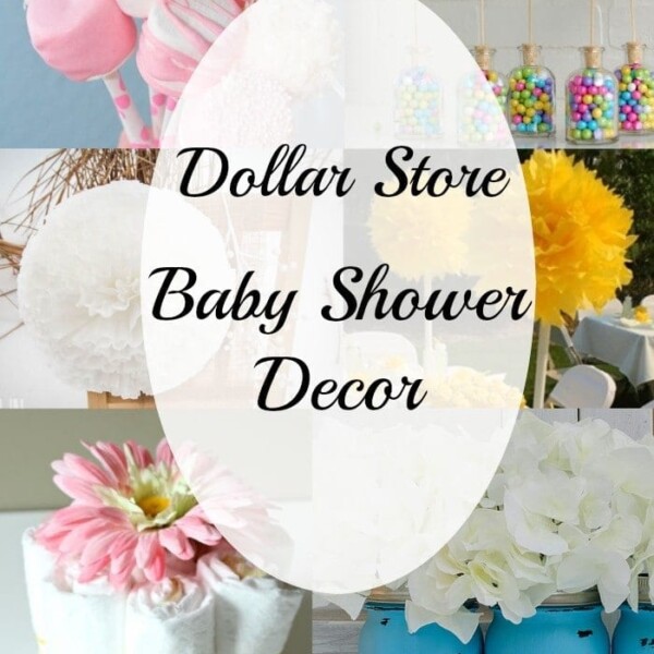 Collage of affordable DIY baby shower decorating ideas, featuring flowers, mason jars, and colorful treats.