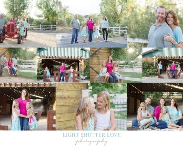 Collage of family photos in a rustic outdoor setting, skillfully capturing the essence of love photography, with a vintage tractor, wooden fences, and large LOVE letters. Family members pose together in various arrangements, illuminated perfectly by the play of light.