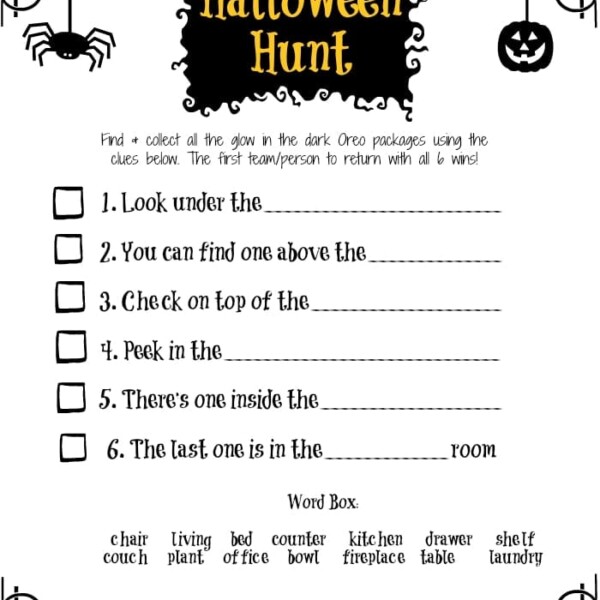 A spooktacular Halloween treasure hunt checklist with six thrilling tasks and a word box at the bottom. Perfect for concocting exciting Halloween party ideas for kids, it features enchanting decorations like a spider and pumpkin to set the eerie scene.