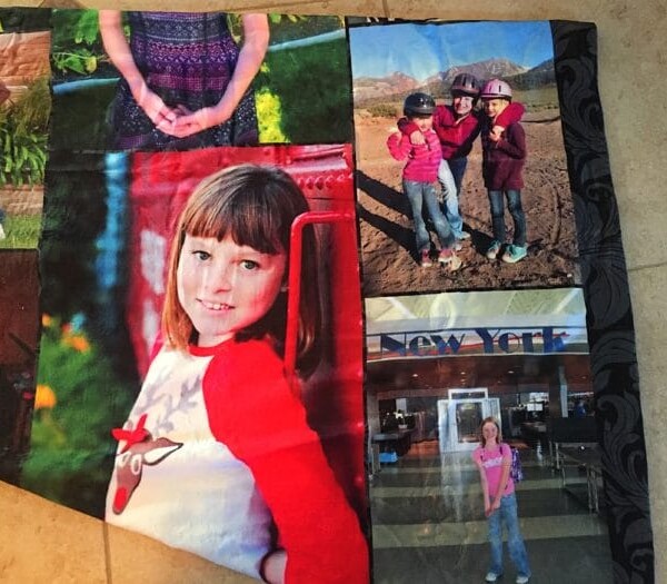 A photo blanket showcasing young children in various outdoor and indoor settings, featuring a girl in a red shirt alongside an image with a New York sign.