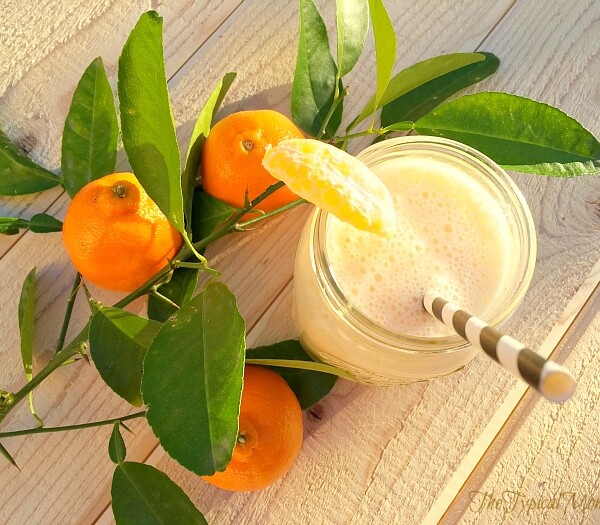 A glass of this easy cuties smoothie, adorned with a striped straw, sits on a wooden surface. Nearby, whole and peeled oranges with green leaves promise a refreshing treat.