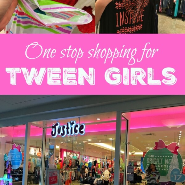 Storefront of Justice, the ultimate store for girls, features vibrant displays of colorful clothing. Inside, a person holds up a stylish shirt. Text: One stop shopping for tween girls.