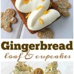 Enjoy a copycat Starbucks gingerbread loaf with frosting, accompanied by mini cupcakes adorned with gingerbread men and festive sprinkles.