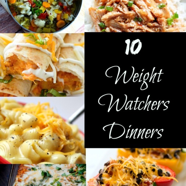 Collage of six colorful Weight Watchers dinner recipes, featuring soup, chicken, wraps, pasta, lasagna, and stuffed peppers. The text "10 Weight Watchers Dinners" sits proudly in the center.