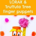 Crafted vibrant finger puppets featuring the Lorax and Truffula Tree in striking orange and yellow hues against a colorful backdrop.