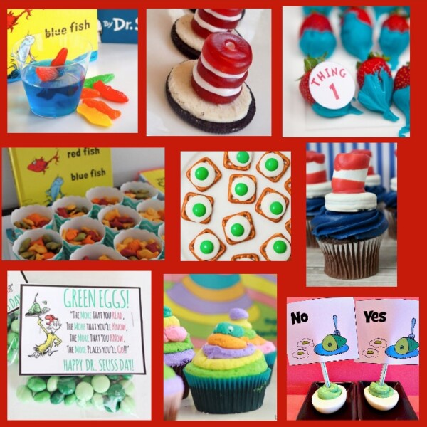 A vibrant collage of Dr. Seuss party food showcases delicious cupcakes, cookies, and snacks, all adorned with colorful decorations and whimsical labels inspired by his beloved books.