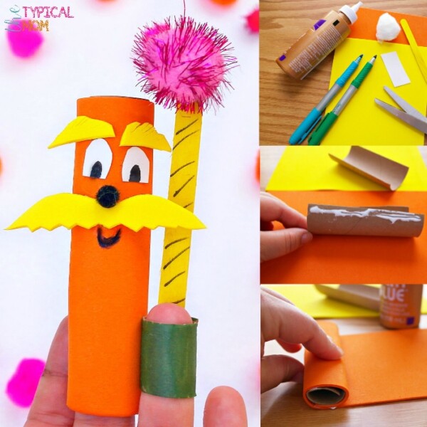 Craft project showcasing a whimsical finger puppet inspired by the Lorax. Features include an orange tube body, a yellow mustache, and pink pom-pom hair reminiscent of Truffula trees. Steps involve gluing paper onto a cardboard tube and creating charming facial features.