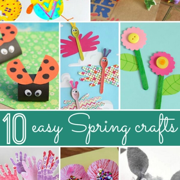 A vibrant collage of 10 spring craft ideas, featuring a paper chick, flower bouquet, ladybug, dragonfly, handprint flowers, and a fluffy bunny. Bright colors and playful designs capture the essence of cheerful spring creativity.