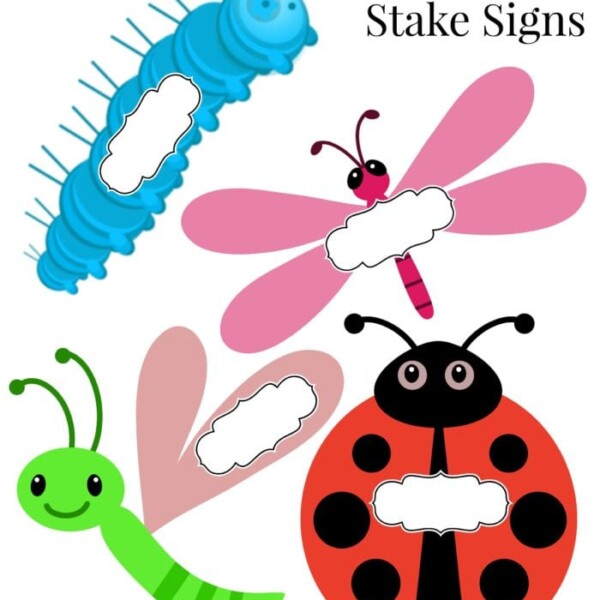 Colorful cartoon insects with blank labels make perfect garden stake signs, offering fun and creative garden ideas for kids.