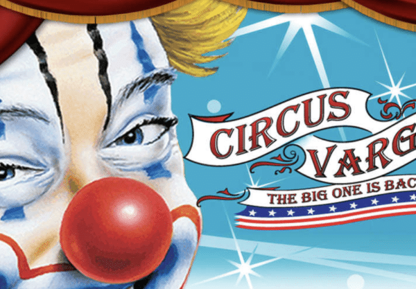 The Circus Vargas poster showcases a lively clown with a big red nose and blue makeup, set against a decorative banner, capturing the joyous spirit of the Temecula promenade.