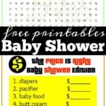 Enjoy our free printable baby shower games, including a word search and pricing game with items like diapers and baby food, complete with blank price spaces for added fun!