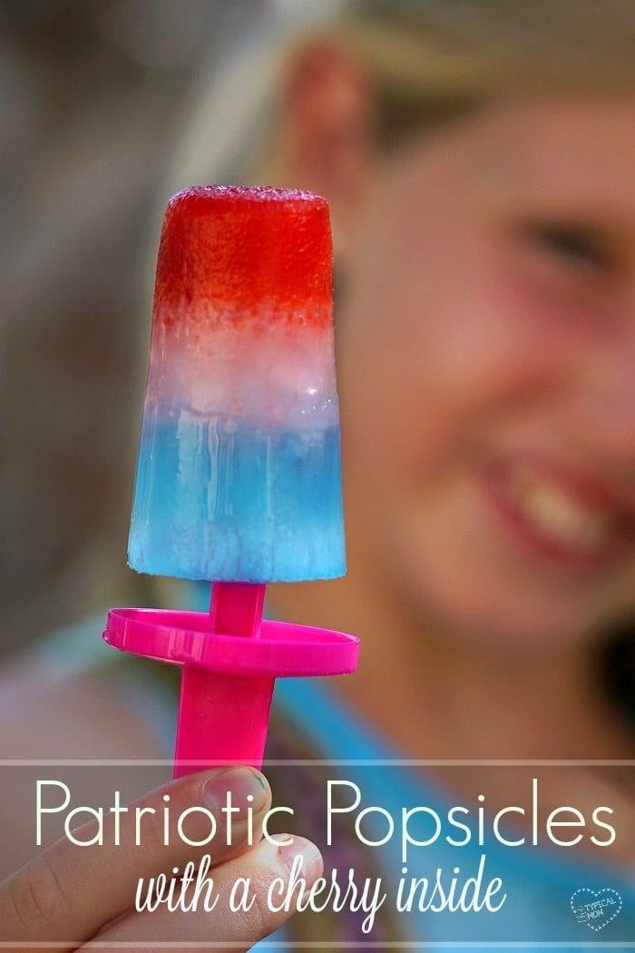 Easy to make red white and blue popsicles for the holidays. Fun patriotic dessert for kids with a hidden cherry inside!