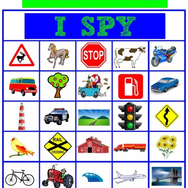 Road trip I Spy game sheet featuring a Nature Scavenger Hunt list with images of road signs, vehicles, animals, and nature.