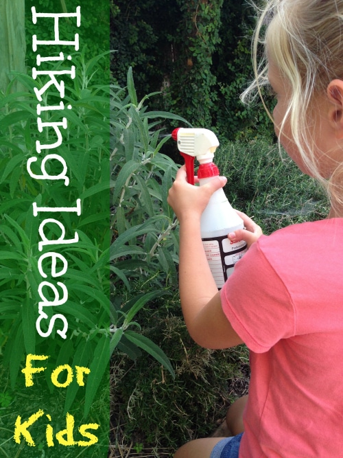 Child spraying plants with a bottle, text reads Hiking Ideas for Kids. Incorporate nature crafts to inspire young adventurers.