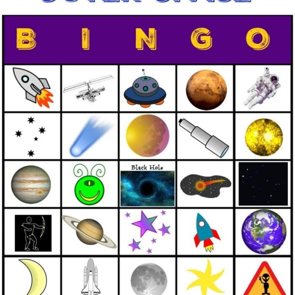 Outer Space Bingo card featuring icons like rockets, planets, stars, and astronauts, perfect space activities for kids.