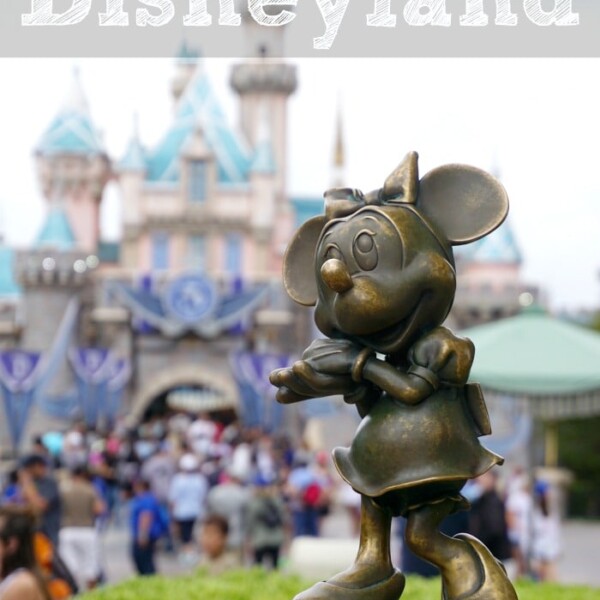 A bronze statue of a cartoon mouse character stands in the foreground. In the background, a blurred castle and a bustling crowd come into view. Text at the top reads, Essential Disneyland tips for your trip.