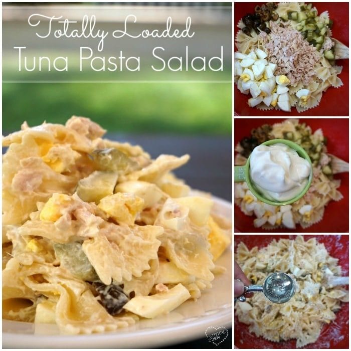 Collage of a tuna macaroni salad recipe. Left: close-up of bowtie pasta with tuna, eggs, and pickles. Right, from top to bottom: ingredients in a bowl, adding mayonnaise, mixing, and seasoning with salt. Text reads Totally Loaded Tuna Pasta Salad.