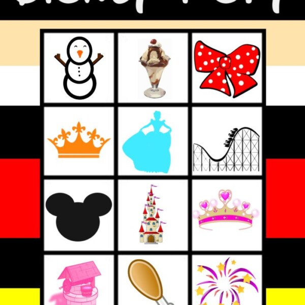 A grid of Disney-themed I Spy items includes a snowman, ice cream sundae, red bow, gold crown, blue dress, roller coaster, Mickey Mouse silhouette, castle, pink tiara, wishing well, turkey leg, and fireworks. For Disneyland tips and more fun activities visit the website link at the bottom.