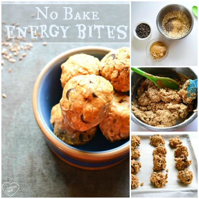 Really easy energy ball recipe with chocolate chips and hidden flax seeds and healthy. Kids and adults love these no bake energy balls. Bowl of no bake energy bites and ingredients with step-by-step mixing and shaping process shown, perfect for anyone looking to try a simple energy ball recipe.