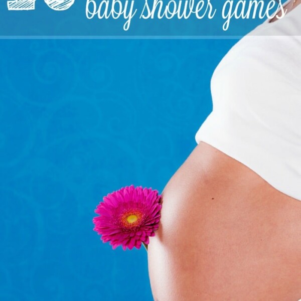 Pregnant person holding a pink flower against a blue background with text: 10 cheap and fun games to play at a baby shower.