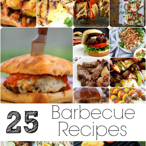 A collage of mouth-watering BBQ food ideas surrounds the text "25 Barbecue Recipes" at the center.