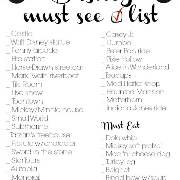 A checklist titled Disney must-see list features things to do in Disneyland, including Castle, Pirate arcade, Mickey soft pretzel, and more—some checked. Decorative Mickey Mouse icons adorn the top corners.